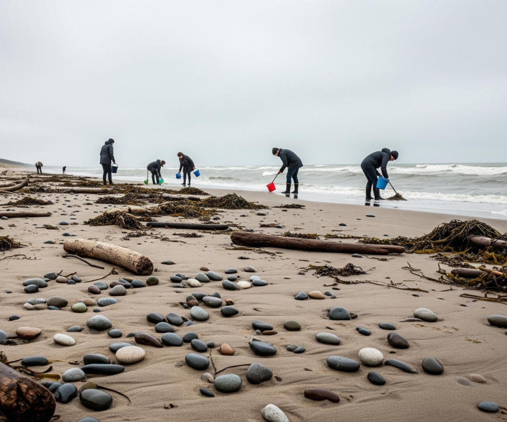 Grupa sześciu osób, ubranych w ciemne kurtki i czapki, zajmuje się sprzątaniem piaszczystej plaży. Trzy osoby w pierwszym planie aktywnie zbierają coś z piasku i wodorostów, używając łopatek oraz kolorowych wiaderek, z czego jedno jest czerwone, a dwa niebieskie, natomiast dwie osoby dalej stoją prosto, a jedna w oddali jest ledwo widoczna. Na plaży leżą liczne, gładkie kamienie w odcieniach szarości, brązu i bieli, a także drewniane bale i duże ilości ciemnych, mokrych wodorostów. W tle widać wydmy pokryte suchą trawą i las, a po prawej stronie morze z szarą, spienioną wodą i falami.
