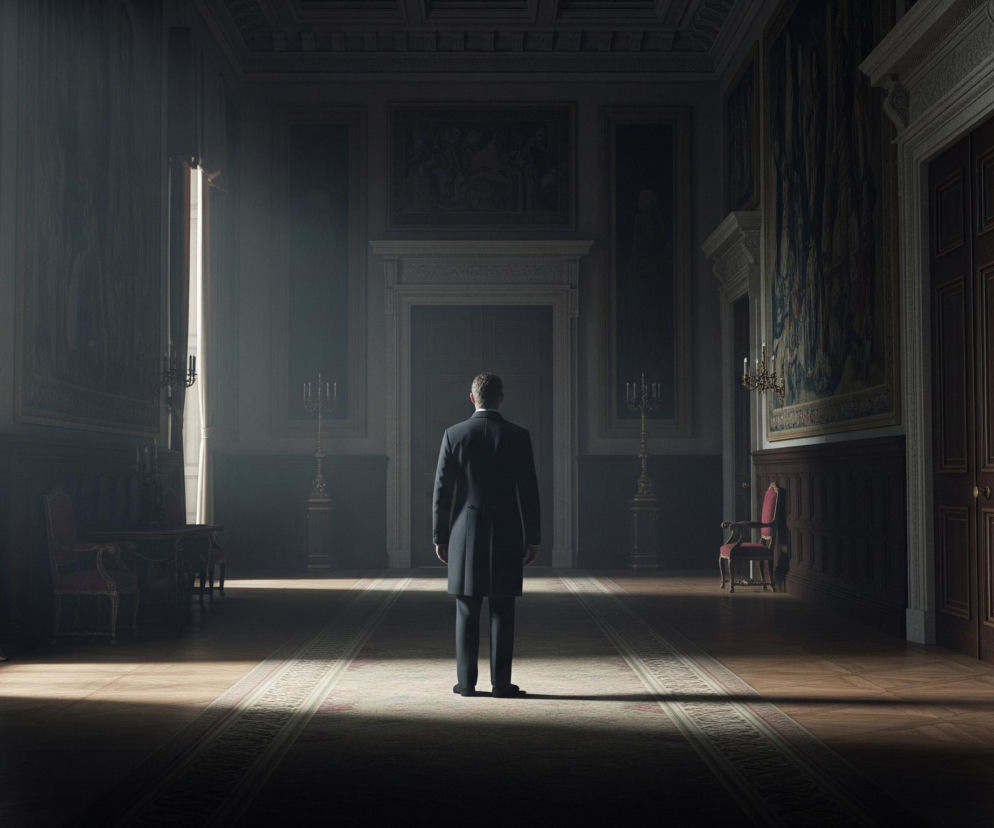 Mężczyzna w ciemnym surducie i spodniach stoi tyłem do obserwatora, w centrum rozległego, słabo oświetlonego pomieszczenia. Długie pasy światła słonecznego padają z okien po lewej stronie, rozświetlając część drewnianej podłogi i mężczyznę. Ściany pokoju zdobią ciemne gobeliny z wzorami oraz obrazy w złotych ramach, a także panele z ciemnego drewna i ozdobne listwy. Po obu stronach, na podłodze, znajdują się rzeźbione, tapicerowane na czerwono fotele, a gdzieniegdzie widać kandelabry ze świecami.