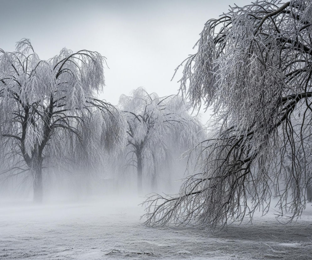 Zamarznięty las ukazany jest w monochromatycznej scenerii zimowej. Drzewa, zarówno te na pierwszym planie, jak i w tle, pokryte są grubą warstwą szronu lub lodu, co sprawia, że ich gałęzie wydają się grube i ciężkie, a ich kontury są rozmyte i miękkie. Niebo jest jednolicie szare, tworząc tło dla gęstej mgły lub zamglenia, które przysłania dalszy plan, nadając obrazowi eteryczny i tajemniczy charakter. Ziemia pokryta jest śniegiem lub mrozem, a na pierwszym planie widać drobne, suche źdźbła trawy wystające spod białej pokrywy.