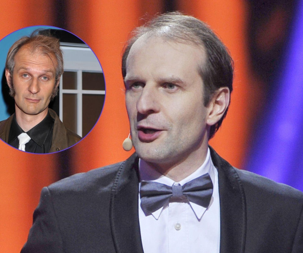 Aktor Rafał Rutkowski w muszce. Na miniaturze obok jego zdjęcie sprzed lat. O programie Taskmaster przeczytasz na Eska.
