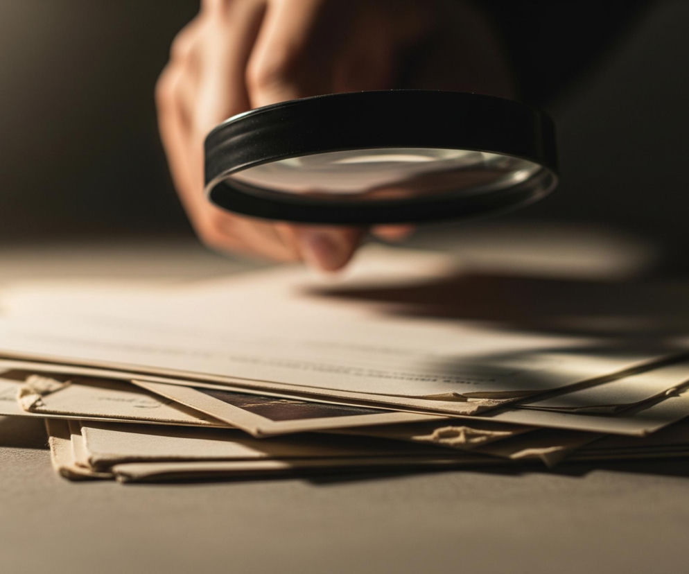 Człowiek trzymający lupę, z wyraźnie widocznym kawałkiem jego ręki i dłoni w górnej części kadru, patrzy na stos dokumentów leżących na jasnym blacie. Lupa ma czarną oprawę i widać przez nią odbicie światła. Dokumenty, w odcieniach beżu i kremu, są rozłożone nieregularnie, tworząc stos. Jasne, ciepłe światło pada z lewej strony, oświetlając lupę i dokumenty, podczas gdy tło pozostaje ciemne i rozmyte.
