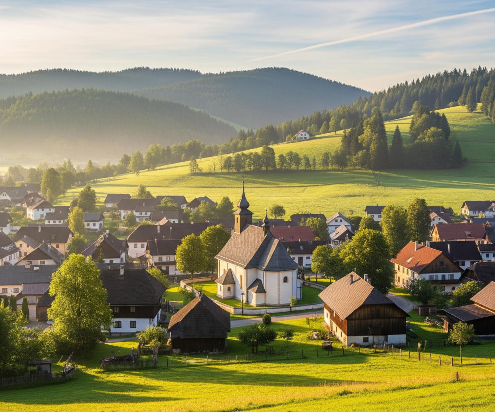 Wiejska panorama przedstawia gęsto zabudowaną osadę położoną wśród zielonych wzgórz, rozświetloną ciepłym, złotym światłem. Centralnym punktem jest biały kościół z ciemnym, spiczastym dachem i wieżą, otoczony przez liczne domy z białymi elewacjami i ciemnymi dachami, w większości dwukondygnacyjne. Osada jest wpleciona w krajobraz pełen soczystej, zielonej trawy i drzew liściastych oraz iglastych, które wznoszą się na kolejnych, pofalowanych zboczach górskich, gdzie panuje lekka mgiełka.