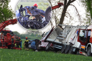 Horror pod Ostrowią Mazowiecką. Kierowca zmiażdżony w aucie po zderzeniu z ciężarówką