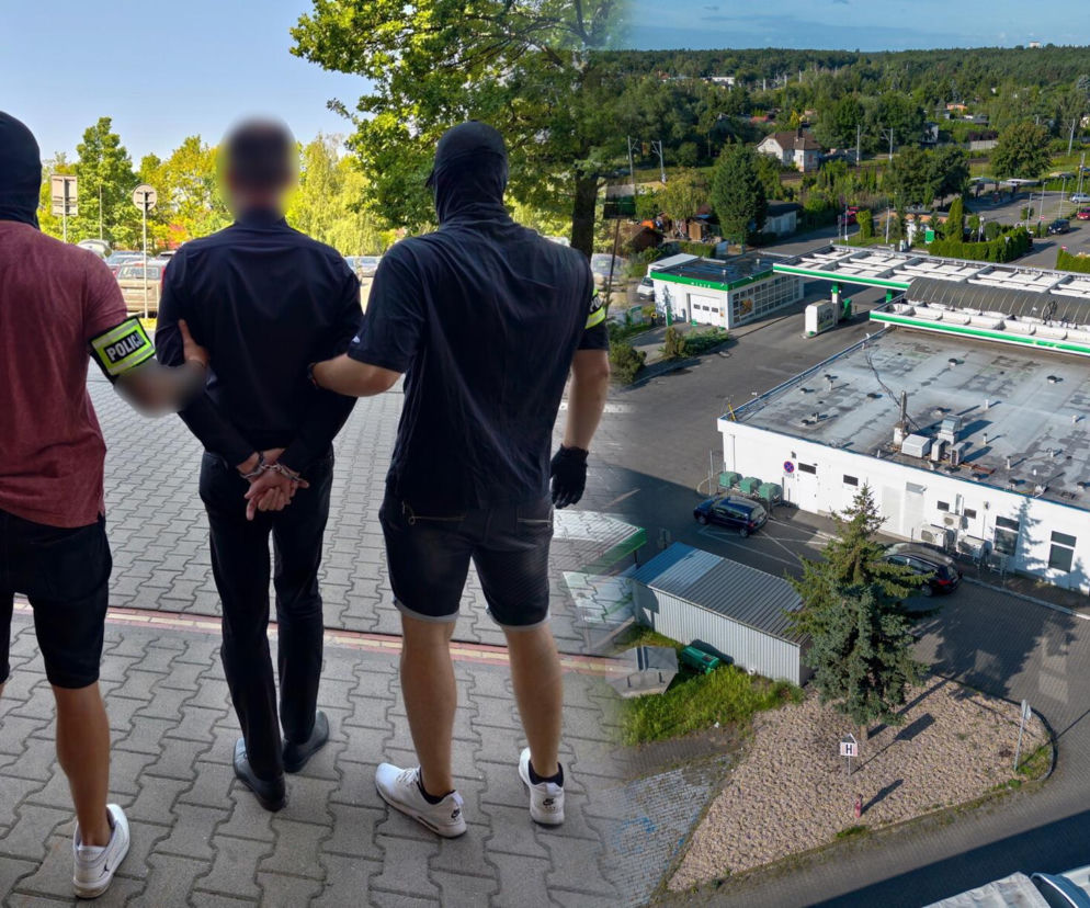 Zatrzymanie Jana B. przez policjantów. Obok zdjęcie stacji benzynowej w Swarzędzu. O szczegółach pisze Eska Poznań.