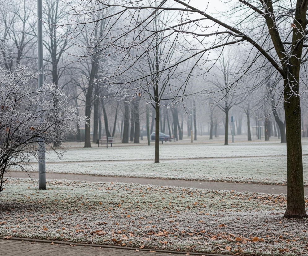 Zimowy krajobraz miejskiego parku prezentuje się w stonowanych barwach. Na pierwszym planie, po lewej stronie, rozłożysty krzew jest gęsto pokryty szronem, a jego liczne, cienkie gałązki tworzą misterną, białą koronę. Obok krzewu znajduje się ciemnoszary chodnik z kostki brukowej, biegnący wzdłuż dolnej krawędzi kadru i zakręcający w głąb obrazu.

Po prawej stronie od krzewu rośnie grube drzewo o ciemnej korze, również obsypane szronem na cienkich gałęziach. W tle rozciąga się park z równo przystrzyżoną, trawiastą powierzchnią, pokrytą białym szronem i rozrzuconymi, brązowymi liśćmi. Przez środek parku wije się asfaltowa ścieżka. Dalej w głąb obrazu, liczne, bezlistne drzewa o szarych pniach i gałęziach zanurzają się w lekkiej mgle, tworząc wrażenie głębi i tajemniczości.

Na drugim planie, za drzewami, majaczy fragment żółto-beżowego budynku z widocznymi oknami, co sugeruje miejskie otoczenie parku. Całość obrazu utrzymana jest w chłodnej palecie barw, dominują biele, szarości i brązy, z delikatnymi akcentami zieleni trawy i żółci budynku, co podkreśla zimową atmosferę.