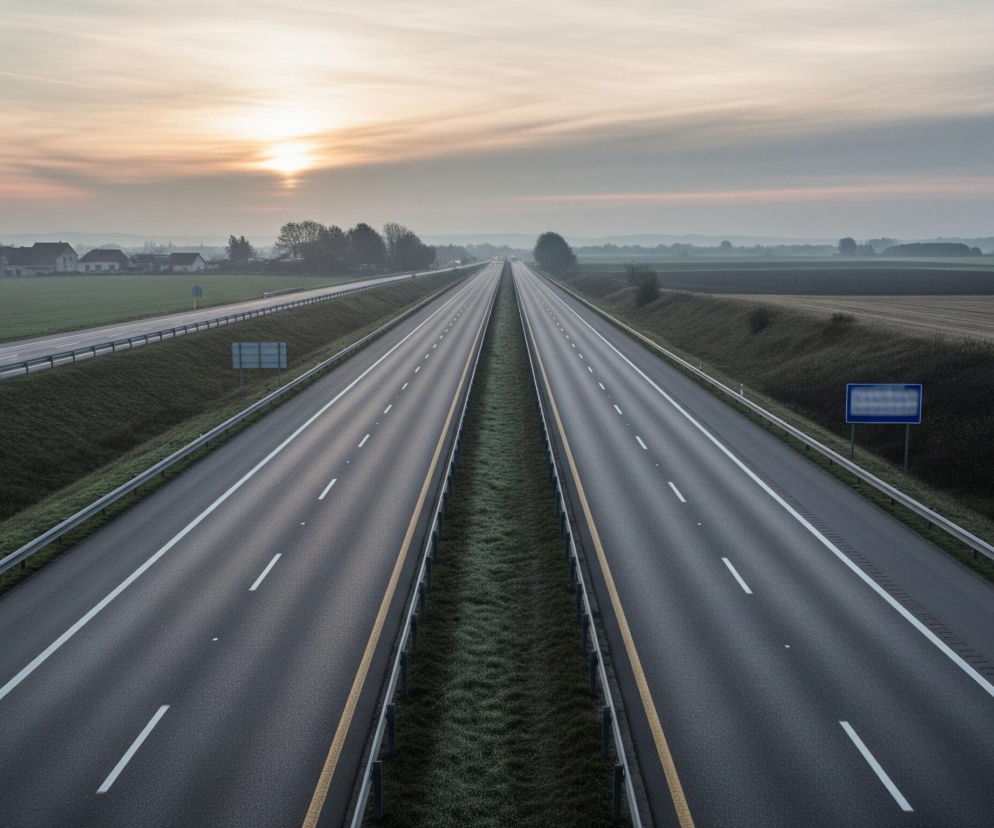 Dwie równoległe, czteropasmowe autostrady rozciągają się w głąb kadru, z wyraźnymi białymi i żółtymi liniami na ciemnym asfalcie. Pomiędzy pasami ruchu znajduje się zielony pas rozdzielający, a po ich zewnętrznych stronach widać zielone nasypy z barierami ochronnymi. W tle, pod zachodzącym słońcem, rozciąga się wiejski krajobraz z polami uprawnymi, rozproszonymi budynkami i drzewami, zdominowany przez stonowane barwy szarości, zieleni i brązów.