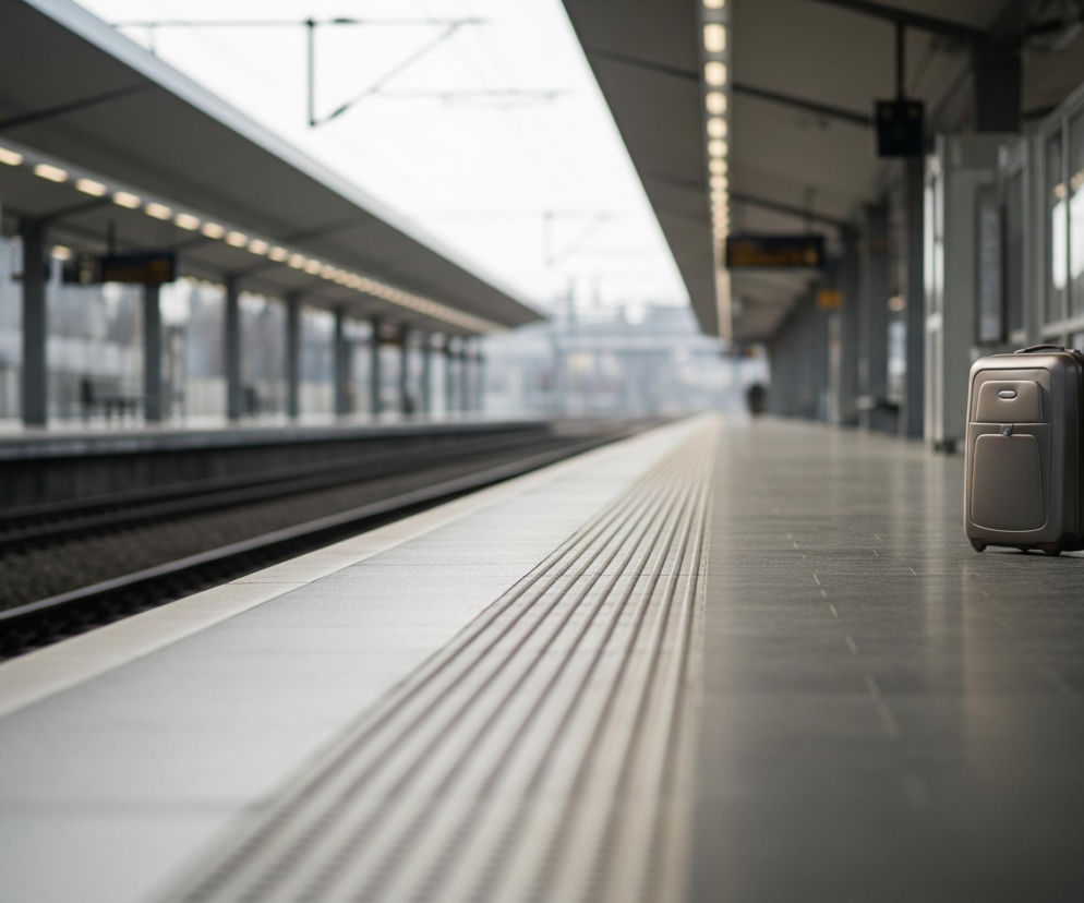 Na peronie dworca kolejowego stoi szara walizka na kółkach, lekko po prawej stronie kadru. Peron jest szeroki i pokryty ciemnoszarą, gładką nawierzchnią z pasem wyczuwalnych linii dla osób niewidomych biegnącym wzdłuż jego krawędzi, blisko torów. Tory kolejowe rozciągają się po lewej stronie obrazu, a nad nimi widać konstrukcje trakcji elektrycznej. Długa, jasna wiata z rzędem podłużnych lamp oświetla peron, znikając w oddali. W tle widoczne są szare budynki i zarysy miejskiego krajobrazu pod jasnym, zachmurzonym niebem.