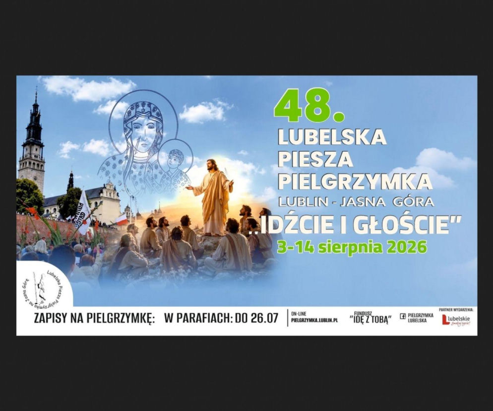Plakat reklamowy 48. Lubelskiej Pieszej Pielgrzymki na Jasną Górę z wizerunkiem wieży klasztoru jasnogórskiego, Jezusa z apostołami oraz Maryi z Dzieciątkiem, symbolizujący duchową podróż, o której więcej przeczytasz na naszym portalu.