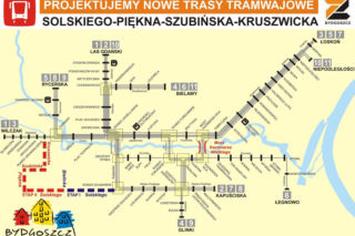 Mapa planowanej trasy tramwajowej na Szwederowo w Bydgoszczy