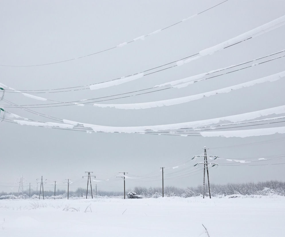 Na pierwszym planie, z lewej strony, stoi duży stalowy słup energetyczny, pokryty grubą warstwą śniegu i lodu, ze szklanymi izolatorami o zielonkawym odcieniu. Od tego słupa, w górnej części obrazu, rozciąga się w prawo pięć równoległych przewodów, które również są obficie pokryte białym śniegiem i lodem. Pod przewodami rozciąga się rozległe, śnieżne pole, na którym widać gdzieniegdzie drobne, suche rośliny wystające spod białej pokrywy. W tle, na horyzoncie, widoczny jest szpaler drzew i krzewów, również przysypanych śniegiem, a dalej kolejne, mniejsze słupy energetyczne, częściowo niewyraźne w mglistym, jasnoszarym niebie.
