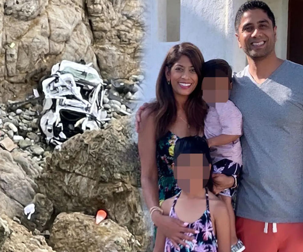 Zniszczony samochód na skałach pod klifem. Obok na zdjęciu uśmiechnięty Dharmesh Patel z rodziną. Więcej na Eska.