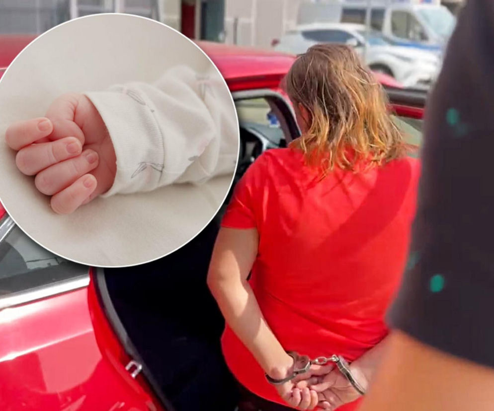 Kobieta w kajdankach przy aucie. Na miniaturze dłoń niemowlęcia. O sprawie znęcania się nad dzieckiem czytaj na SE Łódź.