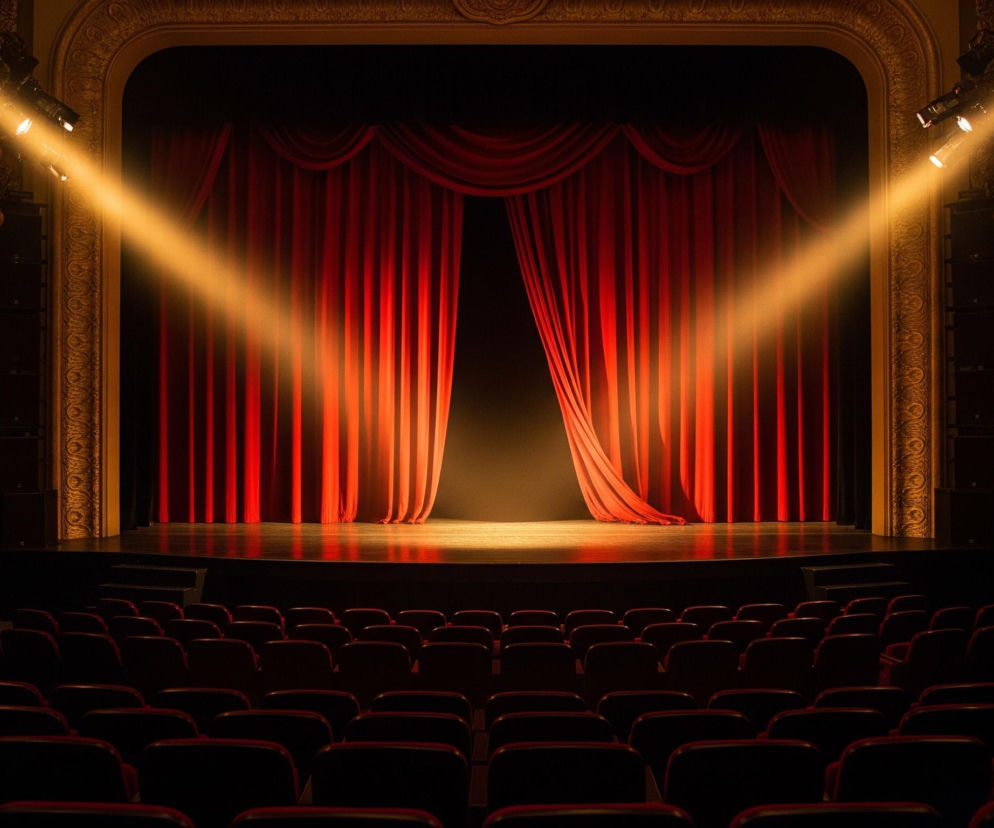 Oświetlona scena teatralna z czerwoną kurtyną otoczoną złotymi, rzeźbionymi elementami architektonicznymi. Dwa strumienie jasnego, ciepłego światła padają ukośnie z górnych narożników, zbiegając się na środku drewnianej, lśniącej sceny, gdzie kurtyna jest lekko rozchylona. Przed sceną rozciąga się widownia z licznymi rzędami pustych, czerwonych foteli, zanurzonych w półmroku.