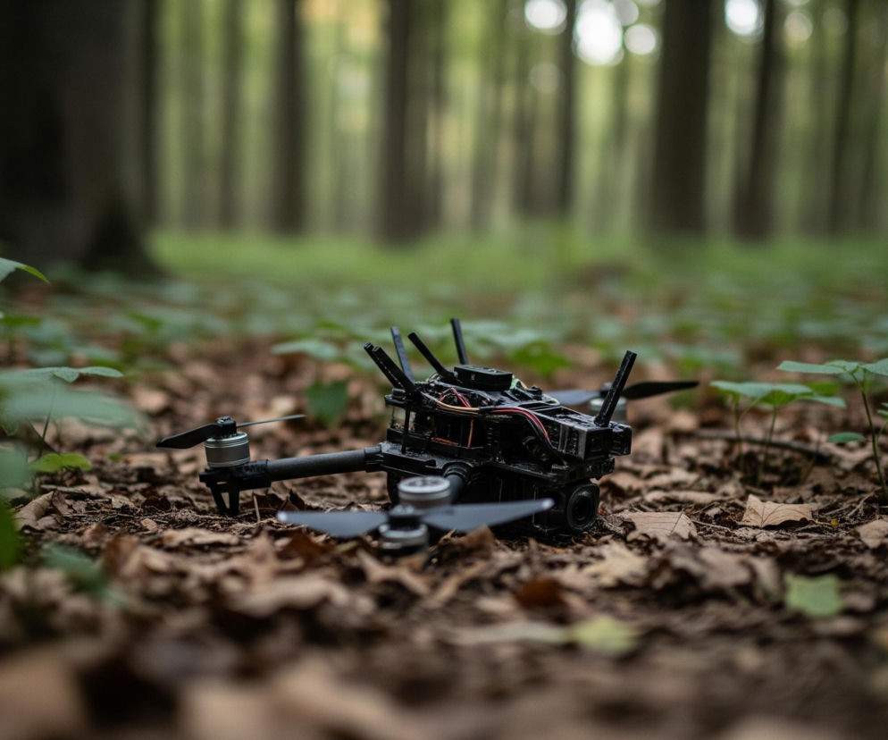 Czarny dron z czterema śmigłami leży na ściółce leśnej, składającej się z brązowych liści i drobnych gałązek. Przednia część drona, wyposażona w obiektyw kamery, jest skierowana lekko w prawo i do przodu. W tle widać rozmazane, wysokie drzewa z zielonymi liśćmi, tworzące gęsty las.