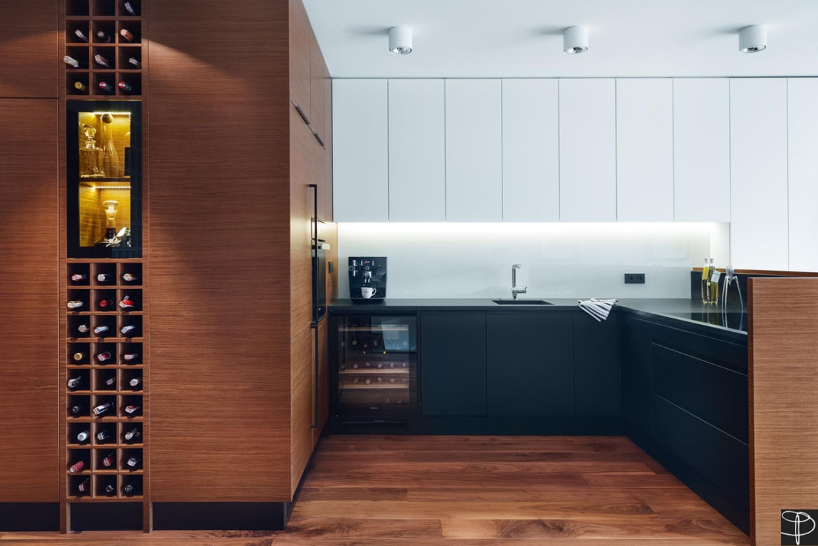 Matowa kuchnia w męskim apartamencie w stylu nowoczesnym