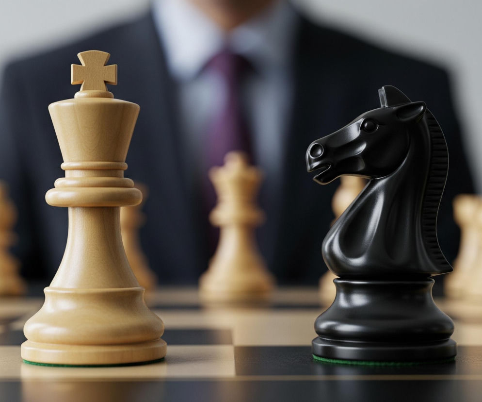 Na pierwszym planie, centralnie, stoją dwie figury szachowe: biały król po lewej i czarny skoczek po prawej, zwrócone do siebie. Obie figury są bardzo szczegółowo wykonane, z delikatnymi zaokrągleniami i gładkimi powierzchniami; król ma na szczycie stylizowany krzyż, a skoczek realistycznie odwzorowaną głowę konia. Znajdują się one na szachownicy z czarno-białymi polami, z kilkoma niewyraźnymi, beżowymi pionkami widocznymi w tle, poza fokusem. Za szachownicą widać niewyraźną postać mężczyzny w garniturze z białą koszulą i krawatem w kolorze fioletowym lub burgundowym.