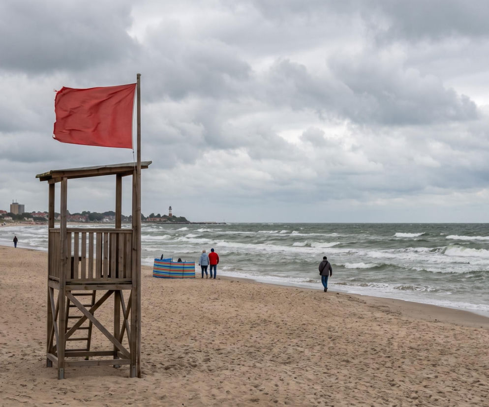 Czerwona flaga na wieży ratowniczej przy wzburzonym morzu. O zakazach kąpieli na plażach przeczytasz na Eska.