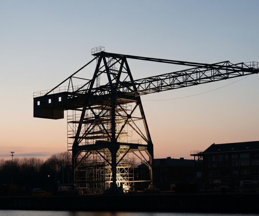 Wysoki, metalowy dźwig portowy dominuje w centrum kadru, będąc niemal całkowicie w sylwetce na tle rozświetlonego nieba o zachodzie słońca. Niebo gradientowo przechodzi od jasnego błękitu na górze do różowo-pomarańczowego odcienia tuż nad horyzontem. Część konstrukcji dźwigu jest od dołu podświetlona ciepłym, żółtym światłem, ukazując rusztowania i skomplikowaną kratownicową strukturę.

Poniżej dźwigu, na linii horyzontu, widoczne są ciemne sylwetki budynków, drzew i krzewów, a także słupy oświetleniowe, z których jeden wyróżnia się specyficznym kształtem ramion. W prawym dolnym rogu obrazu znajduje się ciemna tafla wody, prawdopodobnie rzeki lub kanału. Po prawej stronie widać fragment ciemnego budynku z charakterystyczną wieżyczką lub spiczastym dachem.