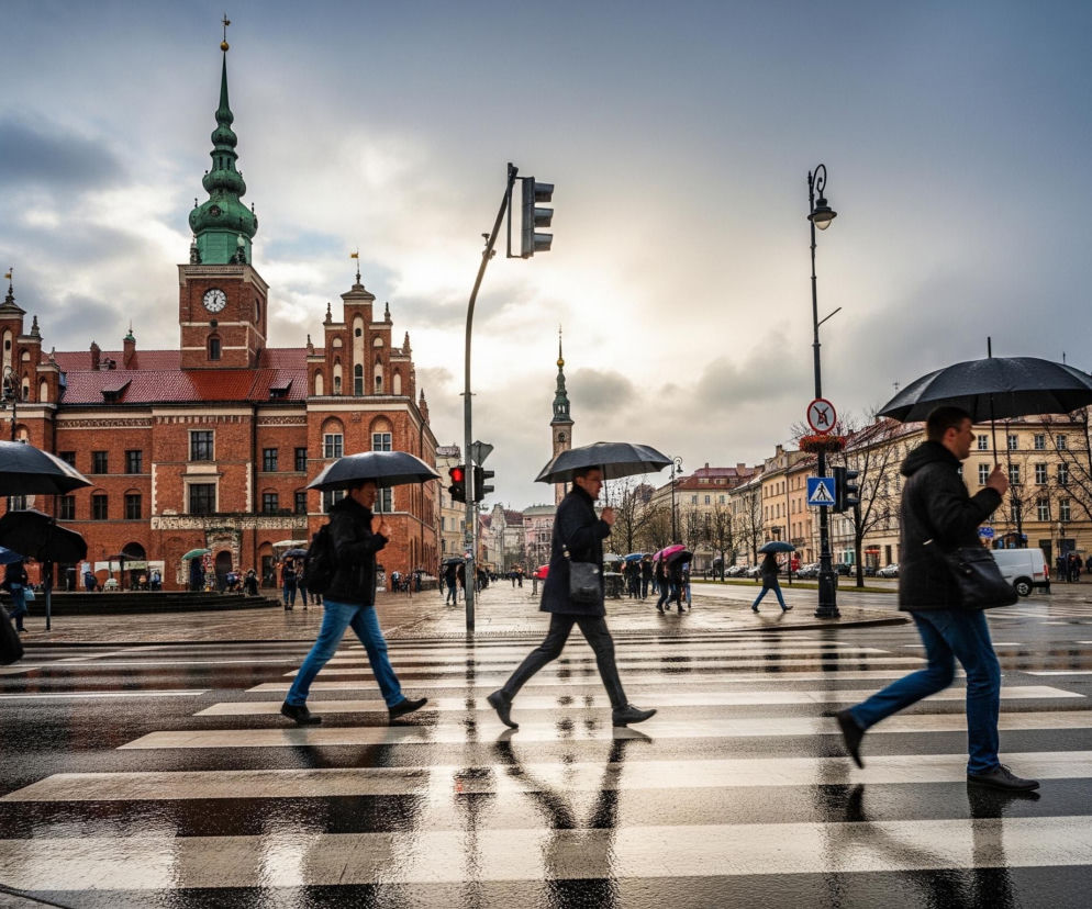Pozioma ulica, pokryta mokrym, błyszczącym asfaltem, przecina kadr, a po niej, po pasach dla pieszych, przechodzi grupa ludzi z parasolami. Wszyscy ubrani są w ciemne płaszcze lub kurtki, a parasole są głównie czarne, z wyjątkiem jednego fioletowego parasola widocznego w tle. Po lewej stronie dominują ceglane budynki o czerwonych dachach, z wyraźną wieżą zegarową w centrum kadru i strzelistą, turkusową kopułą. Po prawej stronie widać wielopiętrowe budynki o jasnych elewacjach, a nad całością rozpościera się zachmurzone niebo, z jaśniejszym, prześwitującym światłem po prawej stronie.
