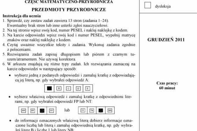 Próbny EGZAMIN GIMNAZJALNY grudzień 2011 - PRZEDMIOTY PRZYRODNICZE: Biologia, chemia, fizyka, geografia: jakie były PYTANIA, ARKUSZE, ODPOWIEDZI, PRZECIEKI