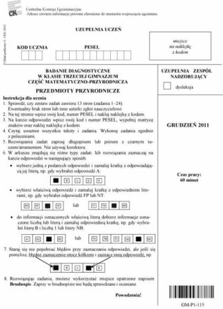 Próbny EGZAMIN GIMNAZJALNY grudzień 2011 - PRZEDMIOTY PRZYRODNICZE: Biologia, chemia, fizyka, geografia: jakie były PYTANIA, ARKUSZE, ODPOWIEDZI, PRZECIEKI