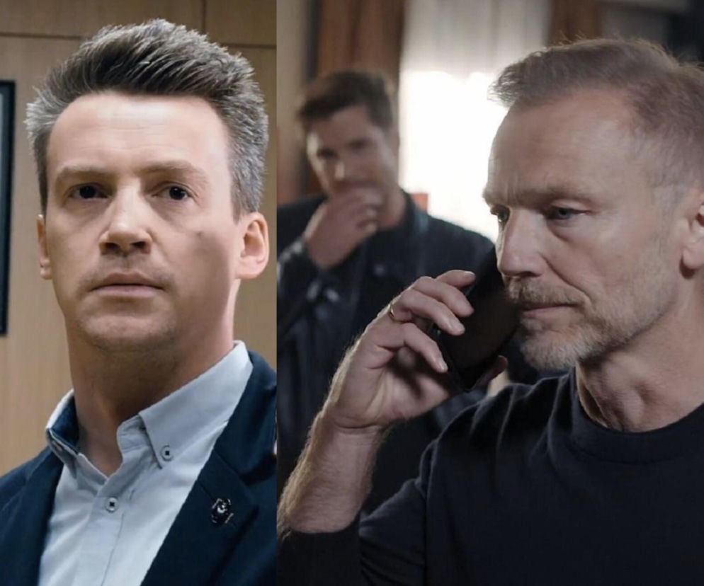 Krystian Wieczorek jako Andrzej Budzyński, poważny prawnik w granatowej marynarce i białej koszuli, obok Krzysztof Kwiatkowski jako Jakub Karski, rozmawiający przez telefon w czarnym t-shircie, z Mikołajem Roznerskim jako Marcinem Chodakowskim w tle. Scena z serialu M jak miłość, o którym przeczytasz na Super Seriale.