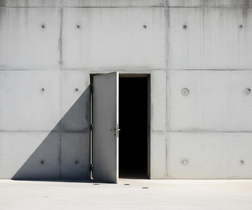 Pośrodku kadru, na ścianie z surowego betonu, znajduje się uchylone do wewnątrz metalowe drzwi w kolorze szarym, z widoczną klamką i zamkiem po prawej stronie skrzydła. Otwór drzwiowy jest całkowicie czarny, bez widocznych detali wnętrza. Lewa krawędź uchylonego skrzydła rzuca wyraźny, ostry cień w kształcie trójkąta na betonową ścianę i podłogę. Sama ściana składa się z prostokątnych płyt betonu architektonicznego, połączonych widocznymi fugami, a na jej powierzchni znajdują się regularnie rozmieszczone okrągłe otwory po kotwach. Podłoga wykonana jest z jaśniejszego, gładkiego betonu i rozciąga się od dołu kadru, aż do ściany.