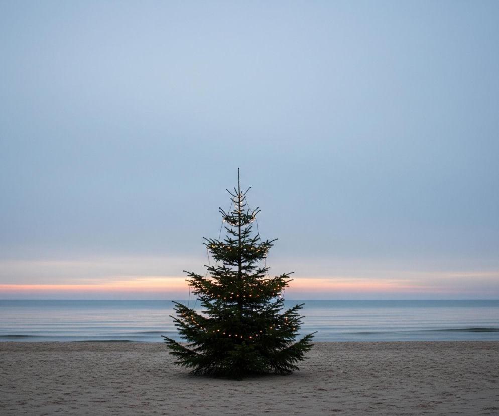 Na pierwszym planie, centralnie, stoi duża, zielona choinka bożonarodzeniowa, udekorowana licznymi, świecącymi, żółtymi lampkami. Drzewko osadzone jest na piaszczystej plaży, która zajmuje dolną część kadru, z widoczną teksturą piasku. W tle rozciąga się morze z delikatnymi falami, przechodzące w horyzont, gdzie niebo przybiera odcienie błękitu i różu, sugerując wschód lub zachód słońca. Całość utrzymana jest w stonowanych, chłodnych barwach, z wyjątkiem ciepłych punktów świetlnych na choince.