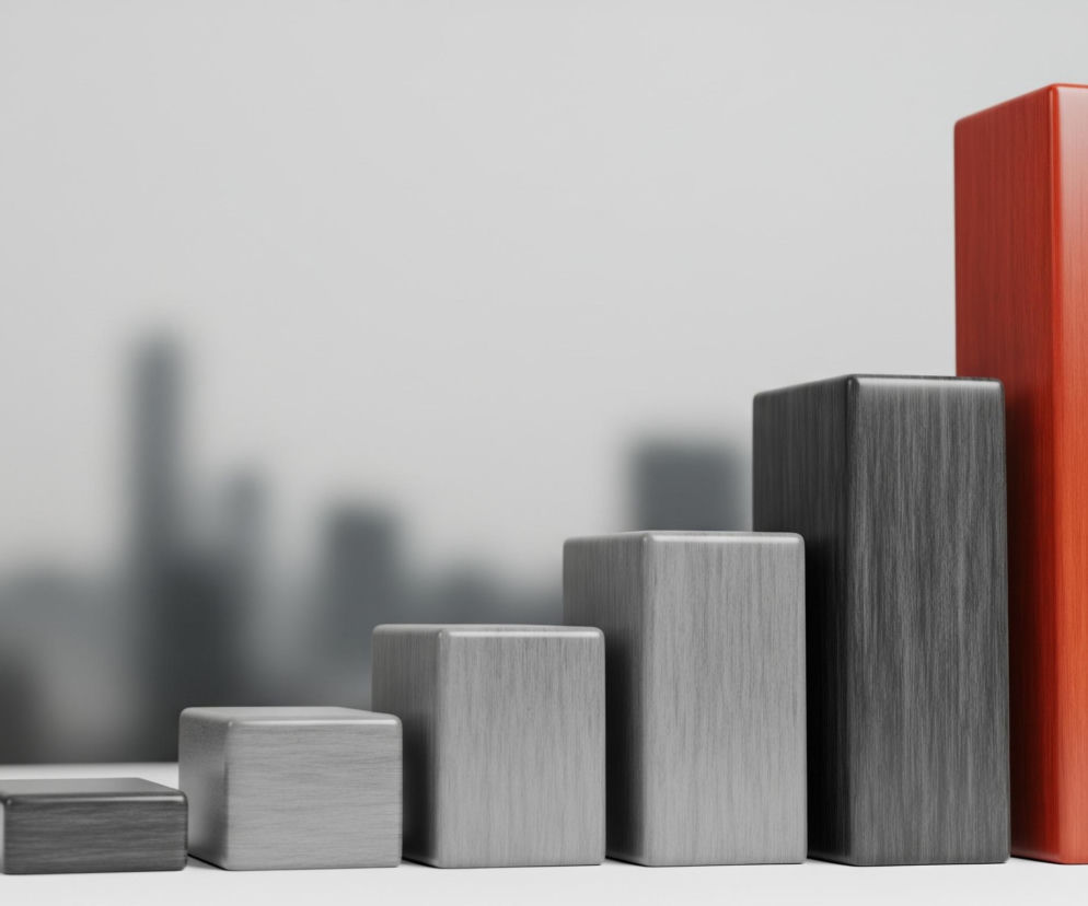 Sześć prostopadłościanów różnej wysokości ustawionych jest w rzędzie, tworząc rosnący wykres słupkowy, na białej, gładkiej powierzchni. Pierwszy z lewej jest najniższy, ma ciemnoszary kolor i zaokrąglone krawędzie, a jego powierzchnia ma delikatną, pionową fakturę. Kolejne trzy prostopadłościany są jaśniejsze, szare, każdy wyższy od poprzedniego, również z zaokrąglonymi krawędziami i pionowym wzorem. Piąty prostopadłościan jest ponownie ciemnoszary, wyraźnie wyższy od swoich szarych poprzedników, a jego krawędzie i faktura są takie same. Ostatni, najwyższy prostopadłościan jest intensywnie pomarańczowo-czerwony, odcinając się kolorem od pozostałych, i charakteryzuje się tą samą zaokrągloną formą i pionowym wzorem. Tło za prostopadłościanami jest rozmyte, utrzymane w odcieniach szarości, sugerując niewyraźne kształty budynków miejskiego krajobrazu.