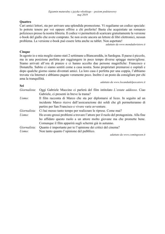 ARKUSZE CKE - Matura j. włoski - poziom podstawowy 2019