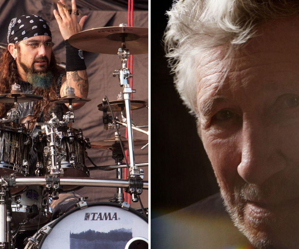 Mike Portnoy gra na perkusji. Obok zdjęcie Rogera Watersa. O zdaniu perkusisty na temat lidera Pink Floyd w EskaRock.