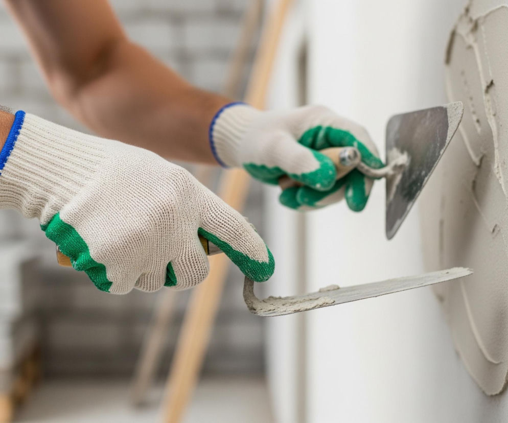 Ręce osoby w rękawicach roboczych nakładają szarą zaprawę na białą ścianę. Prawa ręka trzyma małą kielnię z drewnianą rączką, którą właśnie rozprowadza zaprawę na ścianie. Lewa ręka podtrzymuje większą kielnię, na której znajduje się warstwa szarej zaprawy. Obie rękawice są białe z zielonymi wzmocnieniami na palcach i części dłoniowej, a także niebieskimi ściągaczami przy nadgarstkach. W tle, po lewej stronie, widać niewyraźne stosy białych płyt na drewnianej palecie.