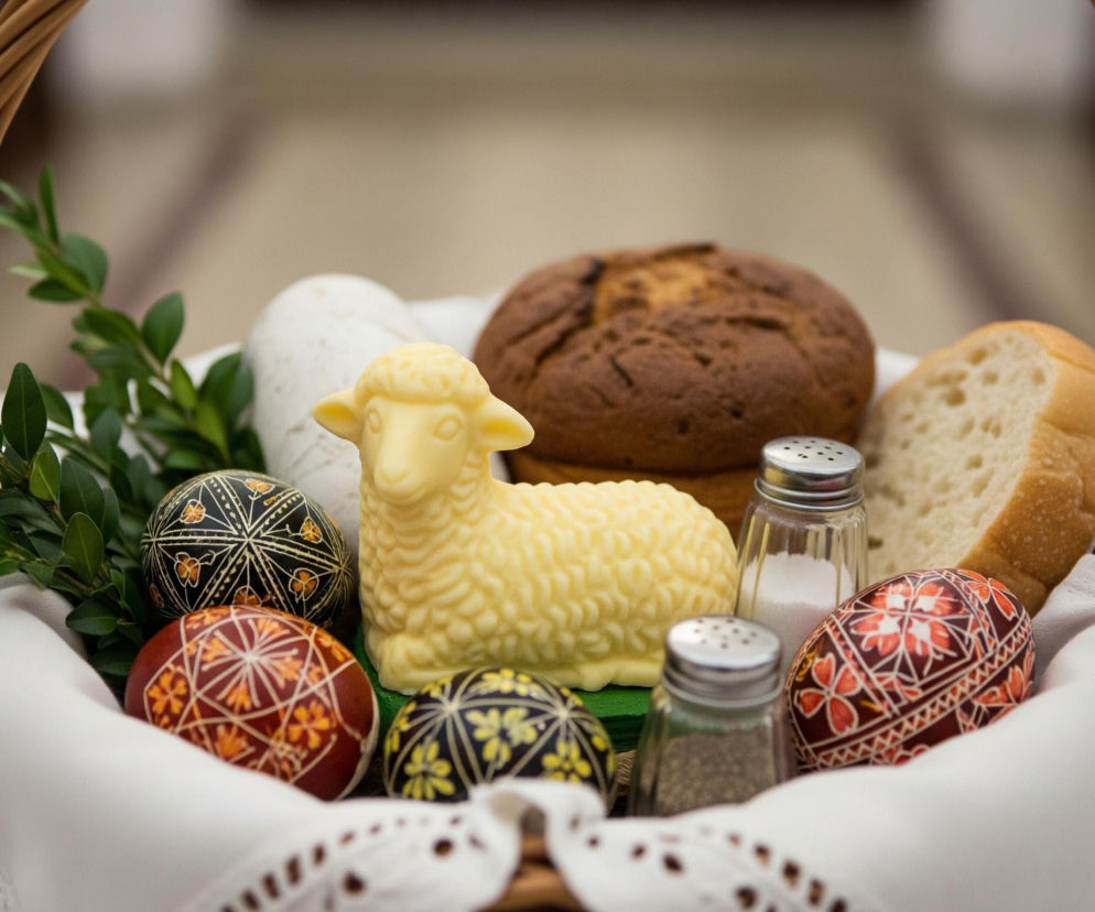 Plecione wiklinowe koszyczek, wyłożony białą, haftowaną serwetką, wypełniony jest tradycyjnymi potrawami. Centralne miejsce zajmuje żółta figurka baranka, prawdopodobnie wykonana z masła lub cukru, z wyraźnie zaznaczonym futrem. Obok baranka leży pokrojona bułka w jasnym, brązowym kolorze oraz okrągła, ciemnobrązowa babka. W koszyku znajdują się także cztery pisanki z precyzyjnymi wzorami geometrycznymi, utrzymane w odcieniach czerni, czerwieni i pomarańczy. Dwie małe solniczki ze srebrnymi nakrętkami, jedna z białym proszkiem, a druga z ciemnymi ziarnami, stoją obok baranka. Całość dopełniają gałązki zielonych liści bukszpanu, ułożone z boku koszyka.