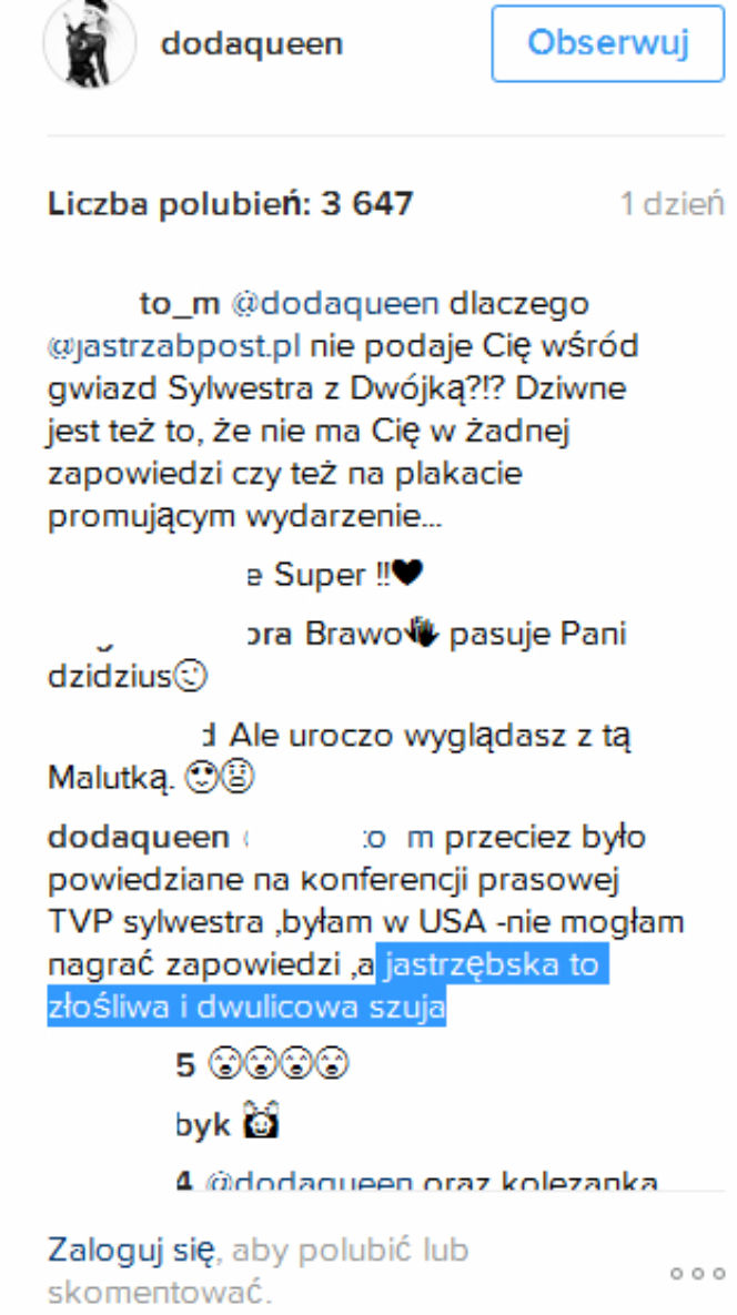 Doda do Agnieszki Jastrzębskiej: "Dwulicowa szuja!"