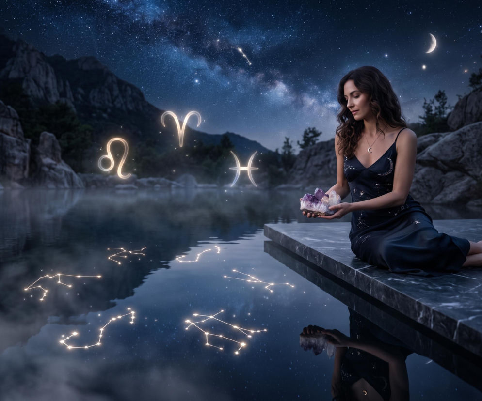 Kobieta z kryształem nad jeziorem nocą. Wokół świecące znaki zodiaku. O horoskopie dziennym przeczytasz na SE.