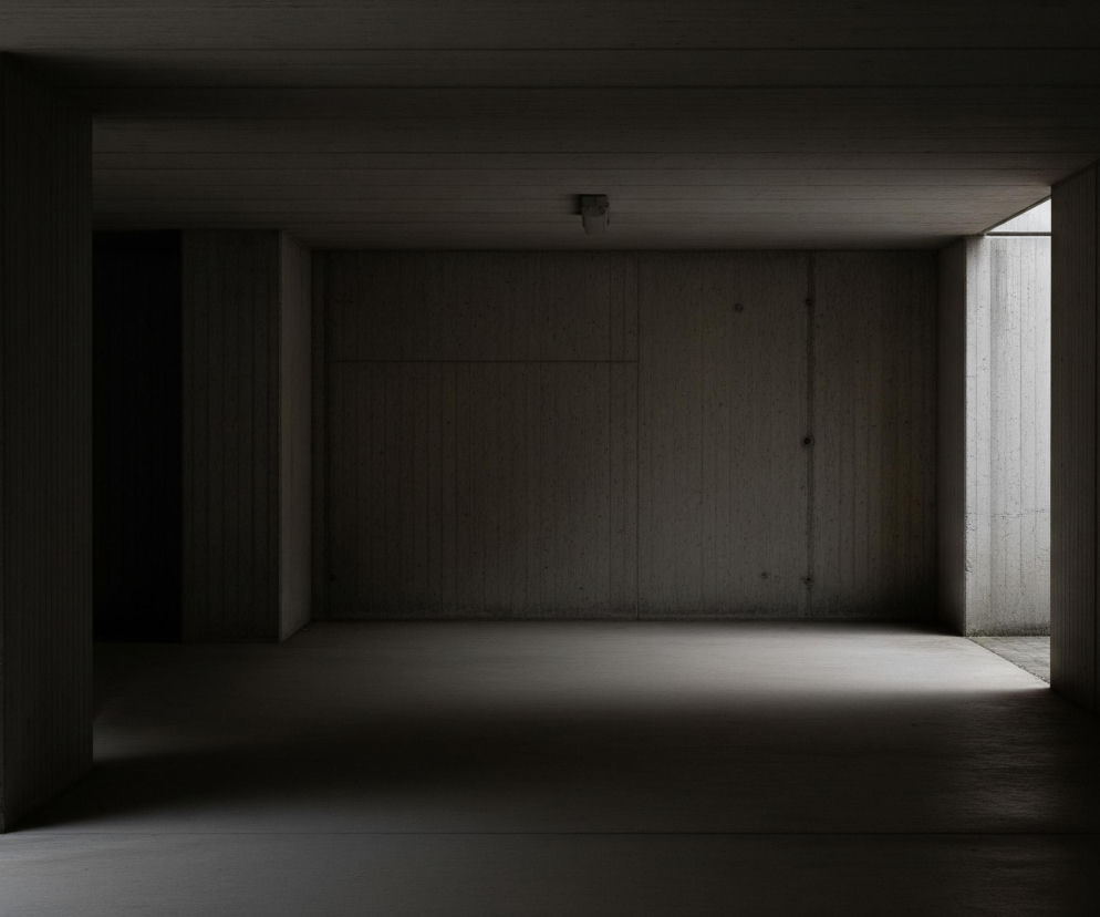 Ciemne, betonowe wnętrze korytarza lub podziemnego przejścia. Głównym elementem jest wysoki, prostokątny filar z surowego betonu o wyraźnej, pionowej fakturze, który dominuje po lewej stronie kadru. Betonowe ściany i sufit mają szarą barwę z drobnymi, ciemnymi plamkami i poziomymi liniami, tworzącymi wrażenie tekstury. W głębi widoczny jest ciemny obszar, a na wprost otwiera się przejście prowadzące do jaśniejszej przestrzeni po prawej stronie, skąd wpada delikatne światło. Na suficie, centralnie, umieszczona jest prostokątna oprawa oświetleniowa, a w prawym górnym rogu znajduje się druga, podobna.