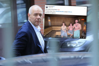 Sasin morsuje i siedzi w saunie w samym ręczniku!