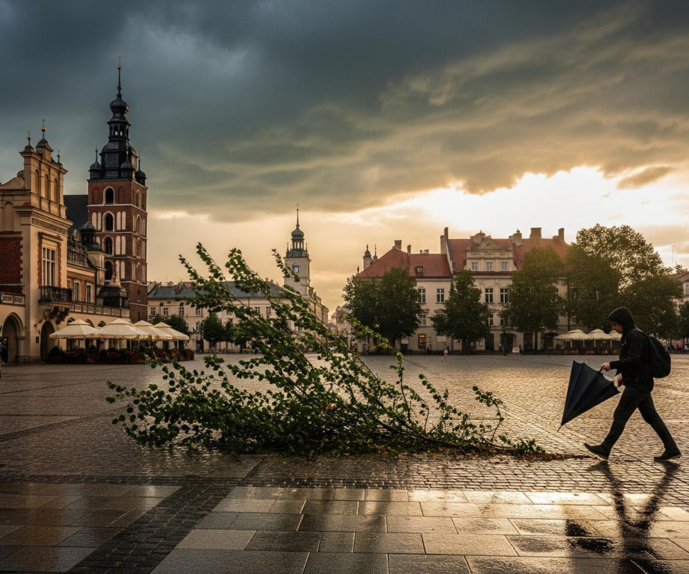 Mężczyzna ubrany w czarną kurtkę z kapturem i plecak, niosący złożony ciemny parasol, idzie po mokrej, wybrukowanej powierzchni w prawo. Na pierwszym planie, po lewej stronie, leży na ziemi duża gałąź z zielonymi liśćmi. Tło wypełniają zabytkowe budynki z czerwonej cegły i jasnymi fasadami, w tym Sukiennice z arkadami i wieża kościelna, a także inne kamienice z czerwonymi dachami, rozświetlone zachodzącym słońcem. Niebo jest częściowo zachmurzone ciemnymi, burzowymi chmurami na górze i jaśniejszym, złotawym światłem na horyzoncie po prawej stronie.