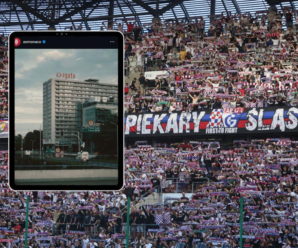 Kibice na stadionie Górnika Zabrze. Na miniaturze obok szary wieżowiec z Katowic. O kontrowersji przeczytasz na SE Supersport.