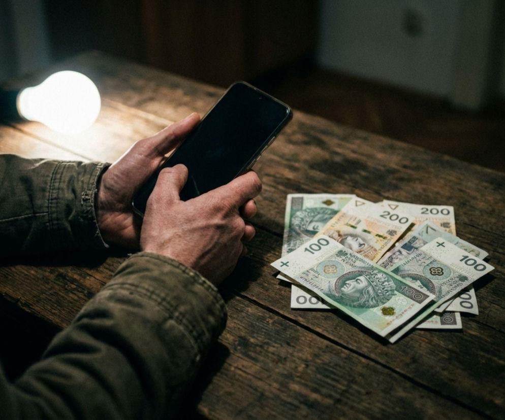 Dłonie trzymające smartfon przy stosie pieniędzy