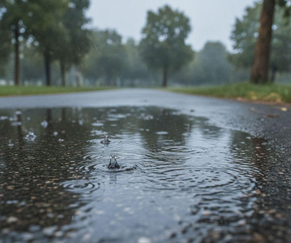 Krople deszczu wpadające do kałuży na asfaltowej drodze w parku. O pogodzie w Gdańsku przeczytasz na SE.