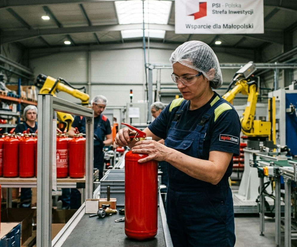 Kobieta w stroju roboczym składa gaśnicę w hali produkcyjnej. O rosnącym zadłużeniu przemysłu czytaj na SE Superbiz.