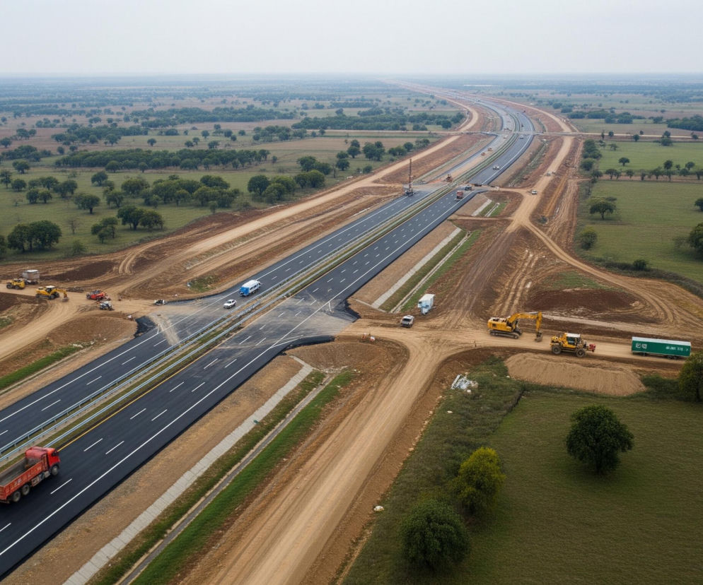 Rozległy krajobraz z dominującą w centrum autostradą w budowie, biegnącą przez zielone, poprzecinane brązowymi polami, równinne tereny porośnięte licznymi drzewami. Autostrada składa się z dwóch dwupasmowych jezdni z barierami ochronnymi, na których widoczne są pojedyncze samochody i ciężarówki, a także liczne pojazdy budowlane i robotnicy na poboczach. Drogi gruntowe i tymczasowe objazdy wiją się wokół głównych pasów, tworząc skomplikowany układ budowy infrastruktury. Dzień jest pochmurny, a niebo jasnoszare, co nadaje całości nieco stonowane barwy.