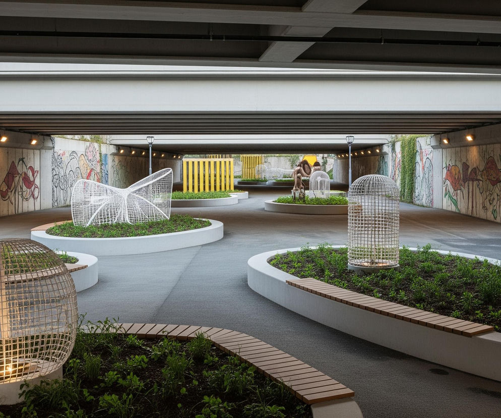 Wnętrze tunelu lub przejścia podziemnego o betonowych ścianach i suficie, ozdobione kolorowymi muralami graffiti oraz pnącymi się zielonymi roślinami. Na posadzce, wyłożonej szarym, drobnym żwirem, rozmieszczone są nieregularne klomby z młodych, zielonych roślin i białymi, betonowymi obrzeżami, niektóre wyposażone w drewniane ławki. Wśród zieleni stoją białe, ażurowe rzeźby o różnych kształtach, w tym przypominające motyle oraz cylindryczne i sferyczne klatki, w których świecą się ciepłe, punktowe światła. W oddali widoczne są żółte, pionowe panele i ciemniejsze figury przypominające zwierzęta.