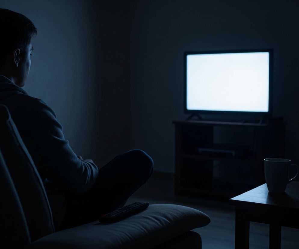 Mężczyzna w ciemnej bluzie z kapturem siedzi tyłem do widza na jasnej, szarej sofie, patrząc na włączony telewizor z białym ekranem. Całe pomieszczenie jest ciemne, oświetlone jedynie światłem bijącym z ekranu telewizora, nadającemu scenie niebieskawy odcień. Obok mężczyzny, na sofie, leży czarny pilot, a na niskim, drewnianym stoliku po prawej stronie kadru stoi jasny kubek.