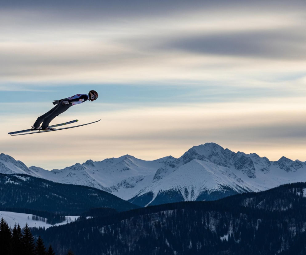 Skoczek narciarski, ubrany w dopasowany biało-czarno-czerwony kombinezon i brązowy kask, leci w powietrzu na tle pasma ośnieżonych gór. Narciarz, widziany z boku, utrzymuje aerodynamiczną pozycję z rękami wyciągniętymi do przodu i nartami ułożonymi równolegle do ciała. Poniżej, strome zbocza pokryte są ciemnymi, gęstymi lasami iglastymi, a na horyzoncie majaczą surowe, skaliste szczyty górskie, pokryte śniegiem i lodem, oświetlone miękkim światłem zachodzącego słońca. Niebo w górnej części obrazu jest mieszanką delikatnych odcieni szarości, błękitu i kremowego, przechodzących w jaśniejsze barwy w dolnych partiach.