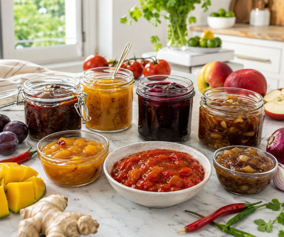 Różne rodzaje domowego chutneyu w słoikach i miseczkach obok świeżych owoców i warzyw. O przepisach czytaj na Beszamel.
