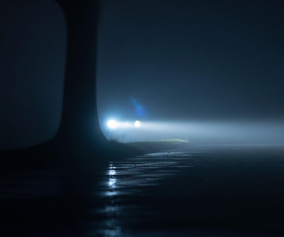 Nocny widok na drogę w gęstej mgle, oświetloną reflektorami nadjeżdżającego samochodu. Po lewej stronie widać ciemny pień drzewa, a na poboczu, tuż obok drogi, niewielki pas zielonej trawy. Mokra nawierzchnia odbija światło reflektorów, tworząc smugi jasnego błękitu i bieli.