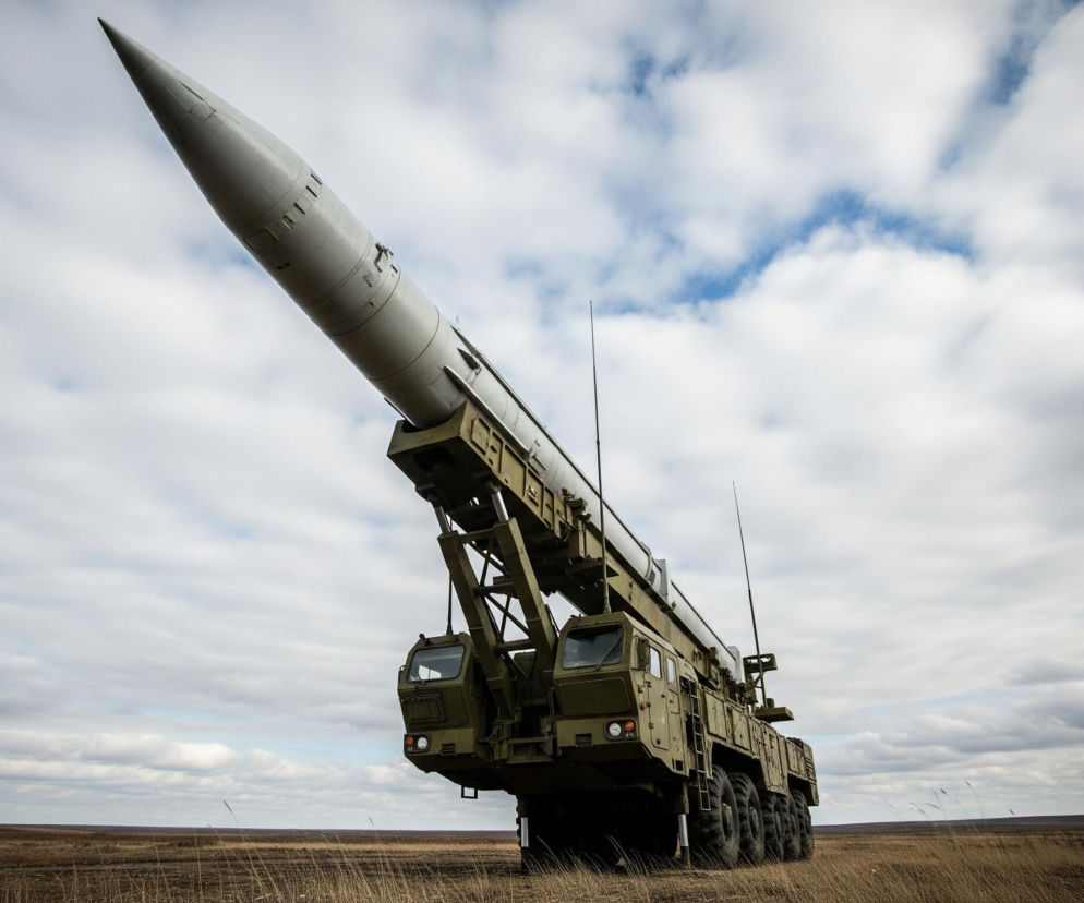 Na obrazie dominuje duża, biała rakieta o ostrym, stożkowym dziobie, umieszczona na wojskowym pojeździe ciężarowym koloru khaki. Rakieta jest skierowana ku górze, w prawo, pod kątem około 45 stopni. Pojazd posiada wiele osi z dużymi kołami, a jego konstrukcja jest masywna, z widocznymi elementami nośnymi i kabinami operatorów. Scena rozgrywa się na otwartym, płaskim terenie pokrytym suchą, brązową trawą, pod niebem częściowo zachmurzonym białymi obłokami, z przebłyskami błękitu.