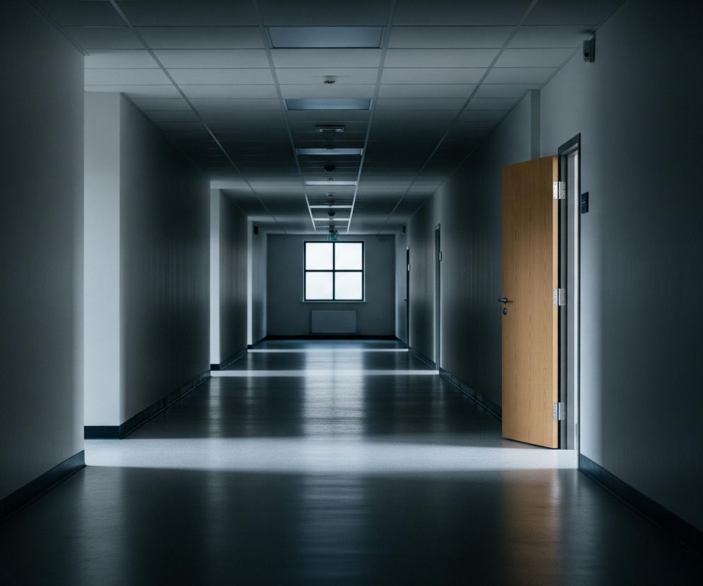Długi, symetryczny korytarz rozciąga się w głąb obrazu, z ciemniejszymi ścianami po bokach i jaśniejszym sufitem oraz podłogą, która odbija światło. Na końcu korytarza znajduje się jasne, kwadratowe okno podzielone na cztery mniejsze kwadraty, pod którym widać biały grzejnik. Po prawej stronie, bliżej obserwatora, otwarte są drewniane drzwi z czarną ramą, ujawniające jasne wnętrze. Sufit korytarza jest wyłożony panelami z widocznymi kratownicami i kilkoma wbudowanymi lampami, a na ścianie po prawej stronie, tuż nad drzwiami, zamontowana jest mała kamera bezpieczeństwa.